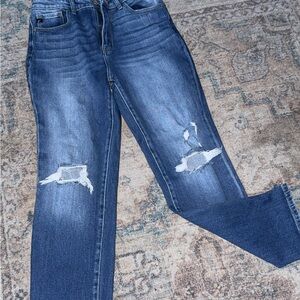 KanCan Distressed Straight Leg Jeans in Dark Blue